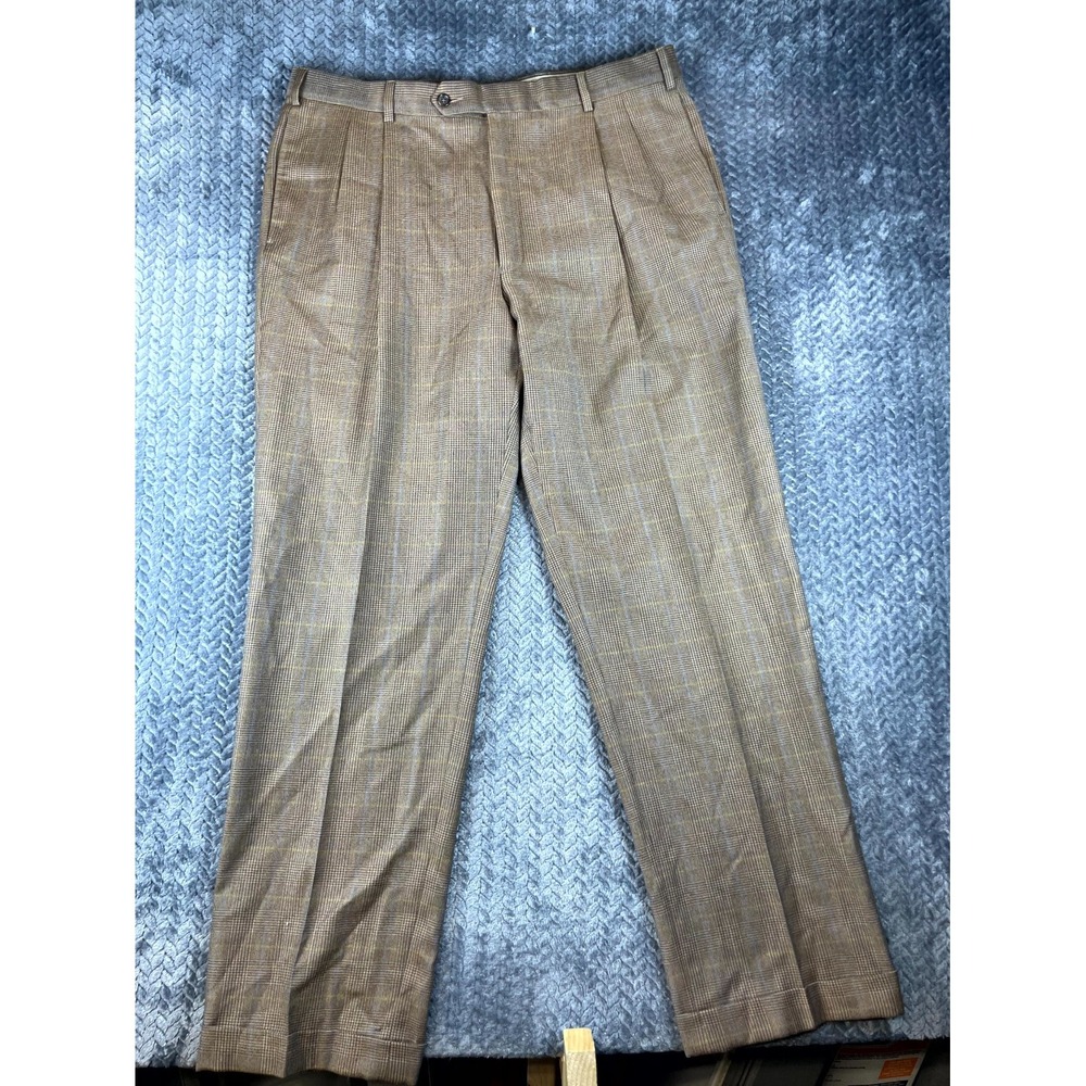 Jos A Bank Dress Pants Mens 37W Brown Glen Plaid Pleated Front Business Formal